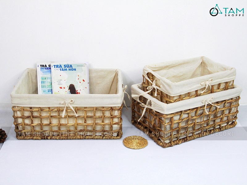 Khay lục bình chữ nhật đan thưa có vải lót 3 size KHAY-LB-02